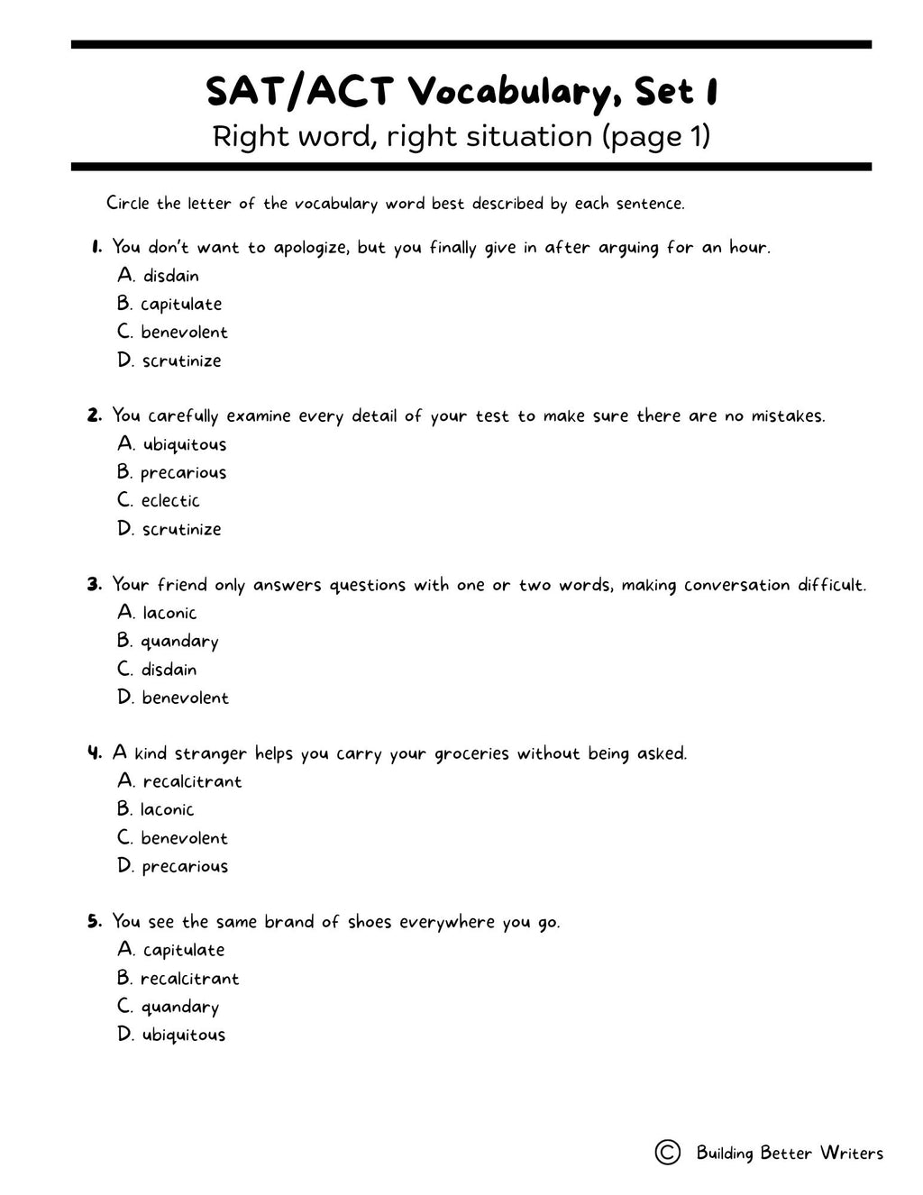 SAT/ACT/TOEFL Vocabulary Word Study & Activities / Set 1