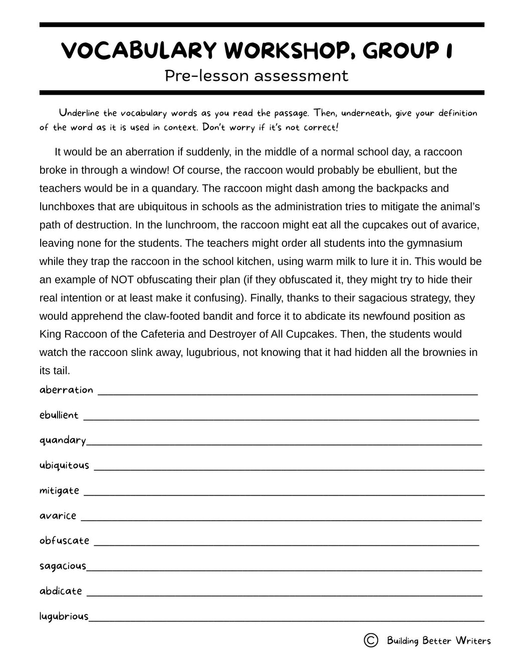 Advanced Vocabulary Unit / Upper-Level Word Study & Activities / Group 1