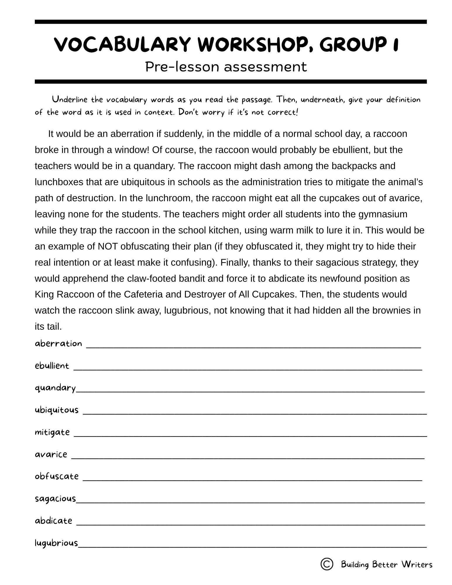 Advanced Vocabulary Unit / Upper-Level Word Study & Activities / Group 1