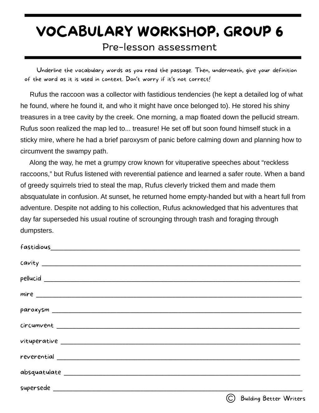 Advanced Vocabulary Unit / Upper-Level Word Study & Activities / Group 6
