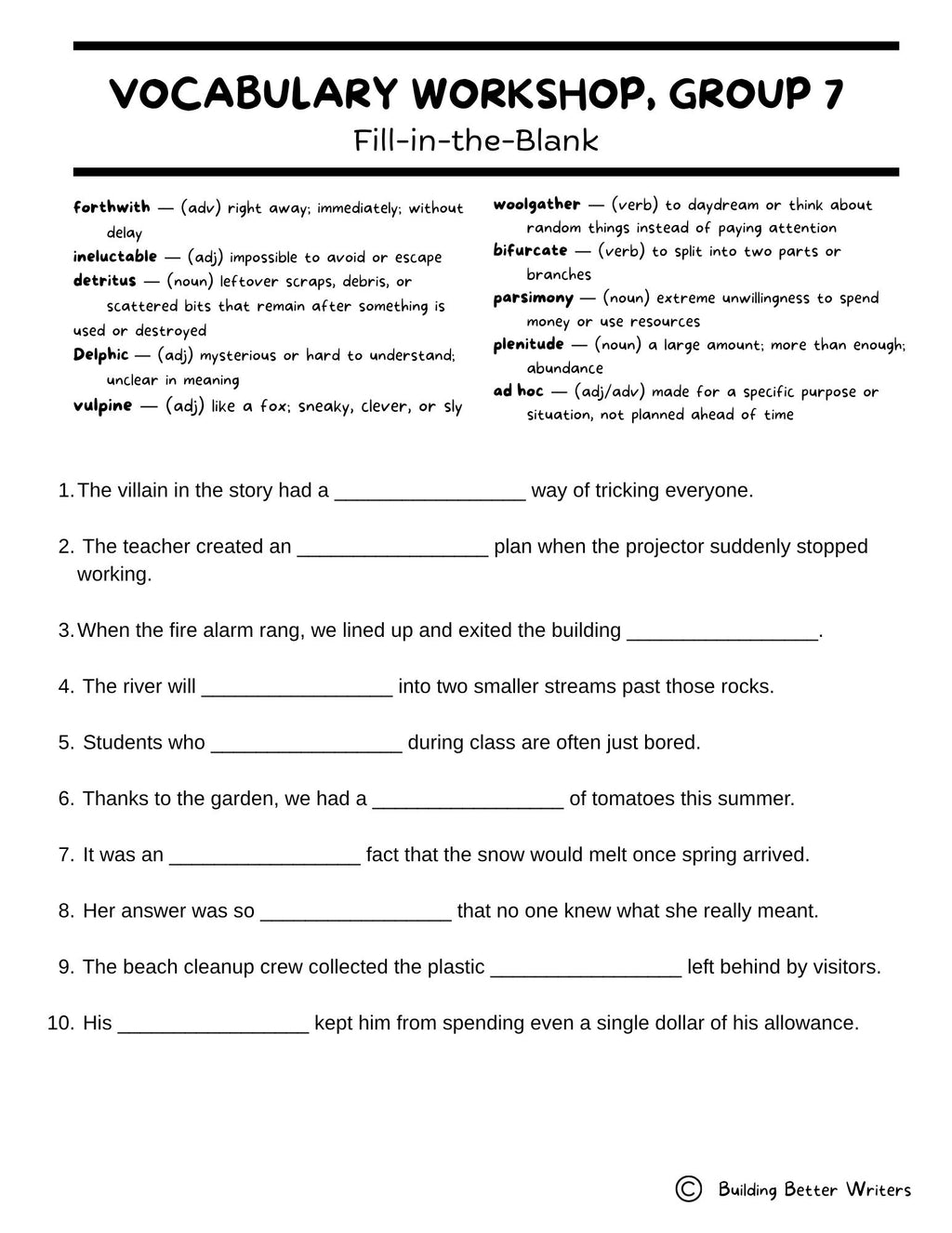 Advanced Vocabulary Unit / Upper-Level Word Study & Activities / Group 7