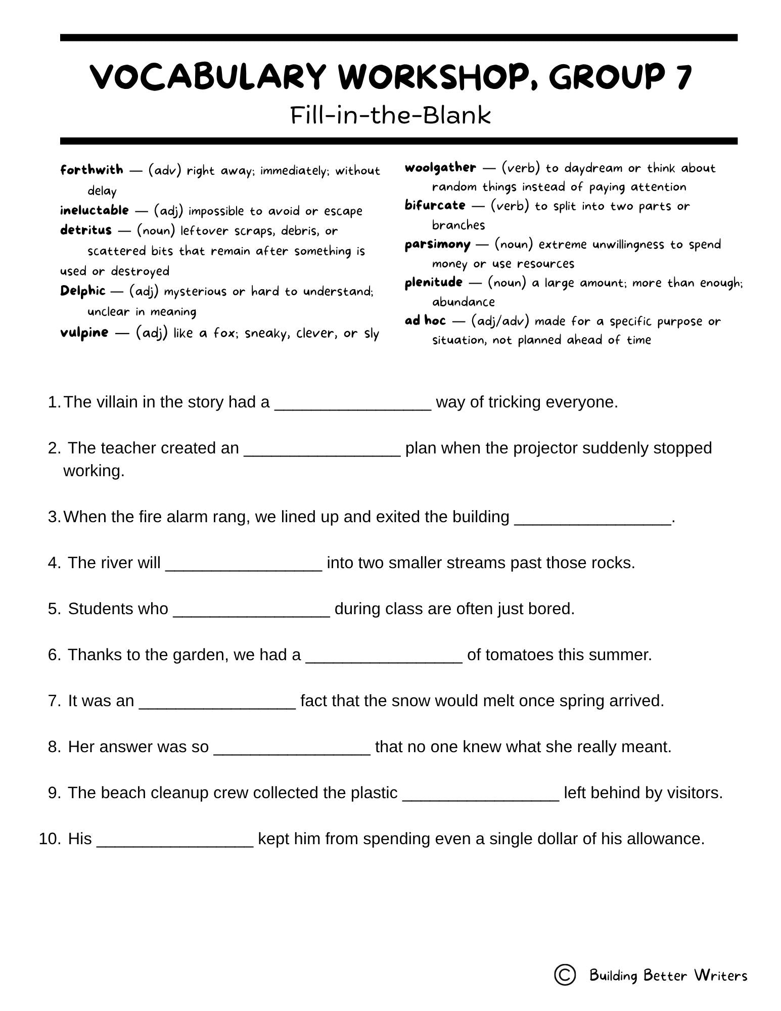 Advanced Vocabulary Unit / Upper-Level Word Study & Activities / Group 7
