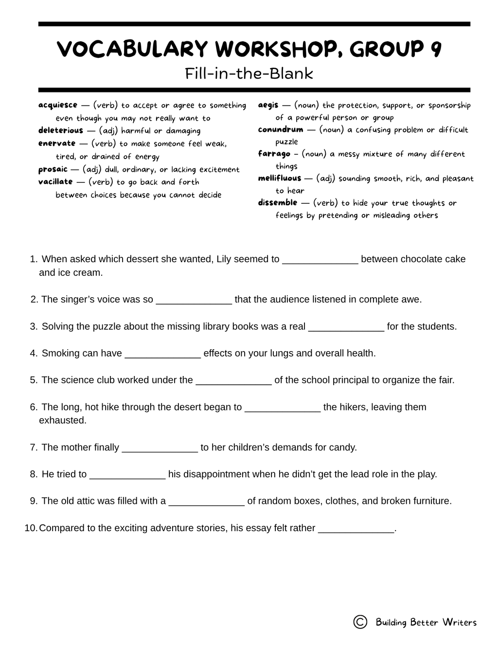 Advanced Vocabulary Unit / Upper-Level Word Study & Activities / Group 9