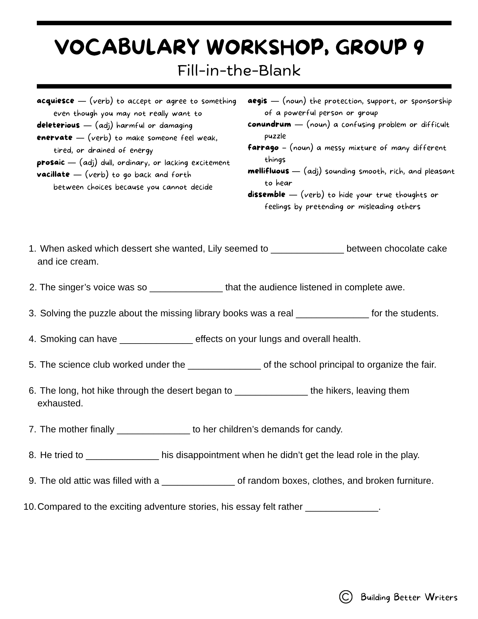 Advanced Vocabulary Unit / Upper-Level Word Study & Activities / Group 9