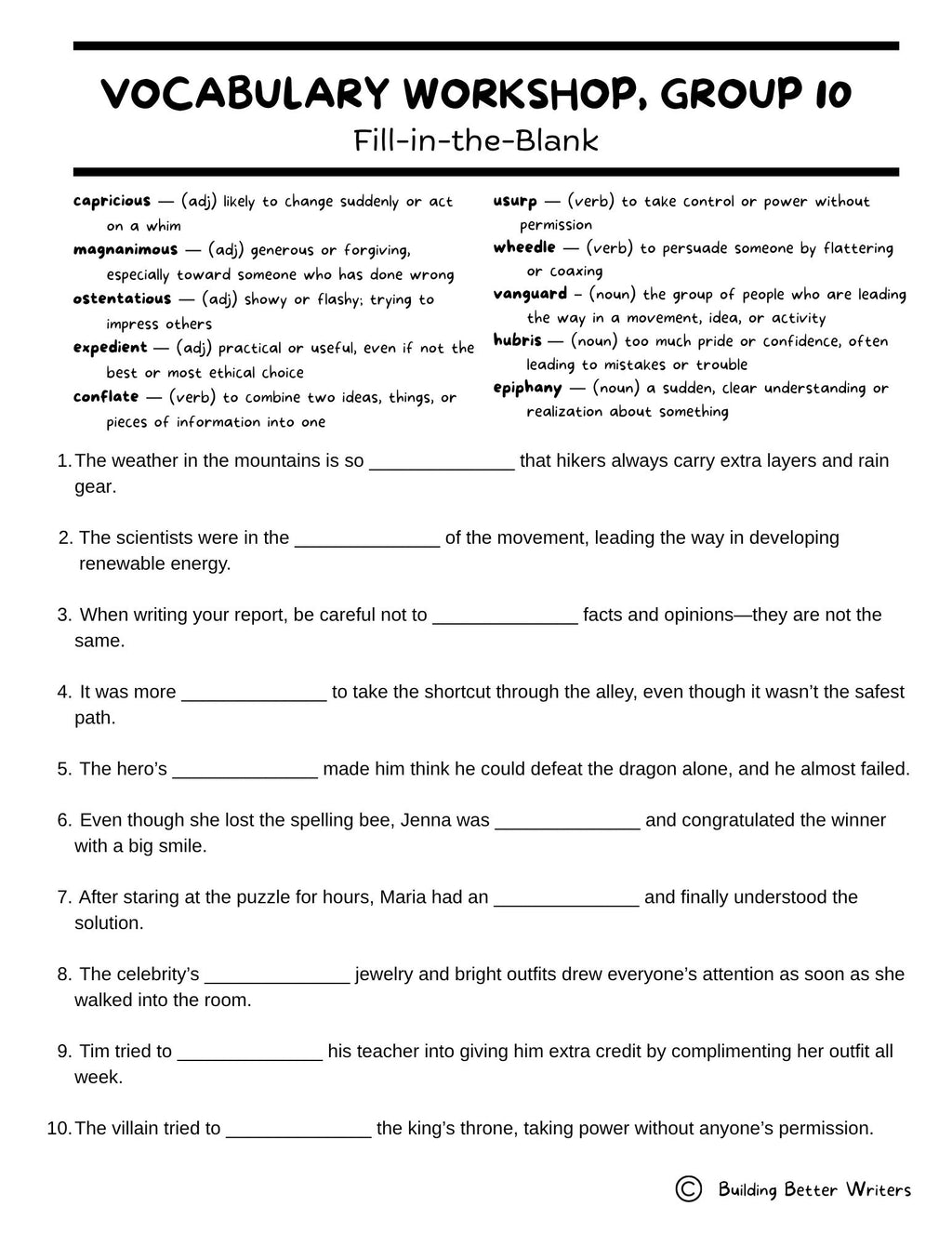 Advanced Vocabulary Unit / Upper-Level Word Study & Activities / Group 10