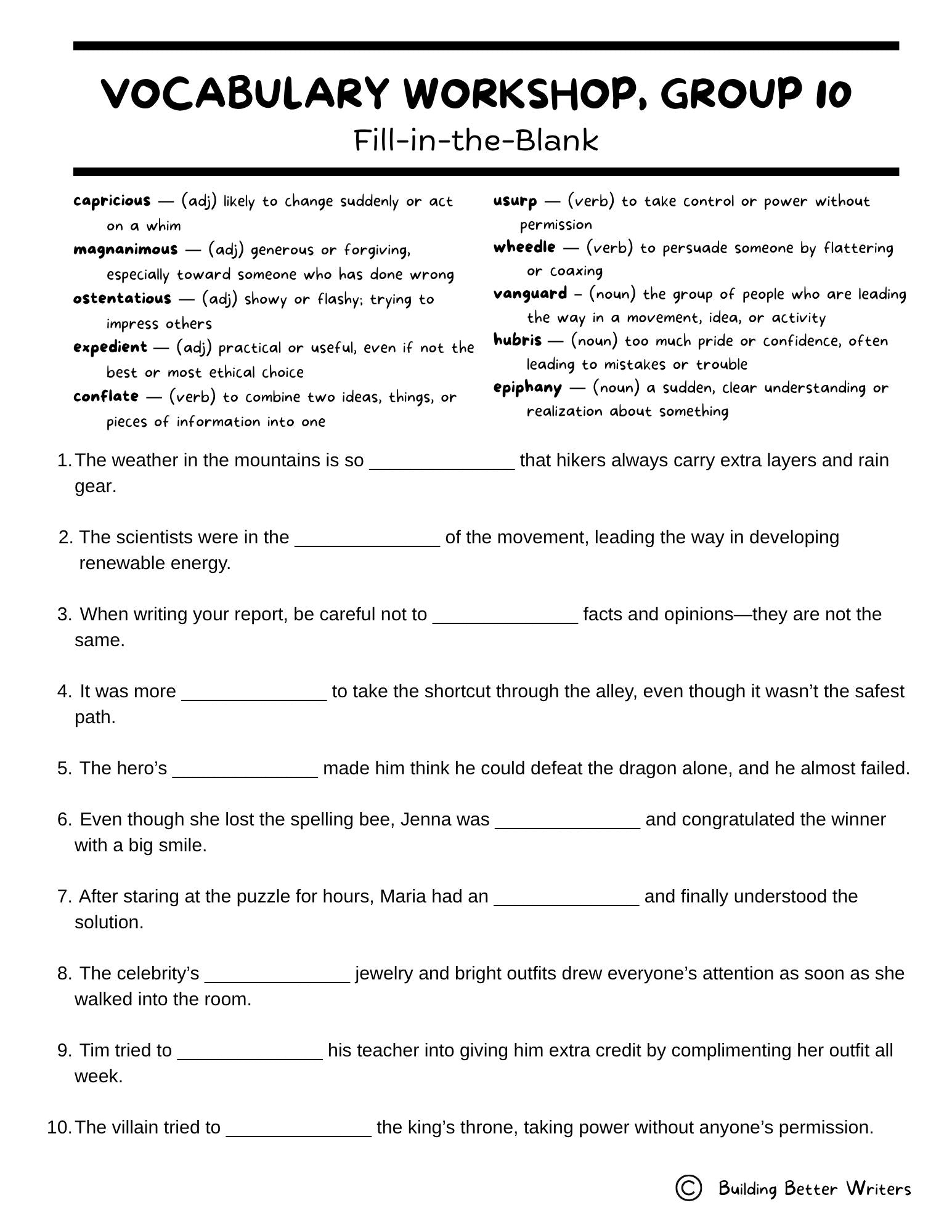 Advanced Vocabulary Unit / Upper-Level Word Study & Activities / Group 10