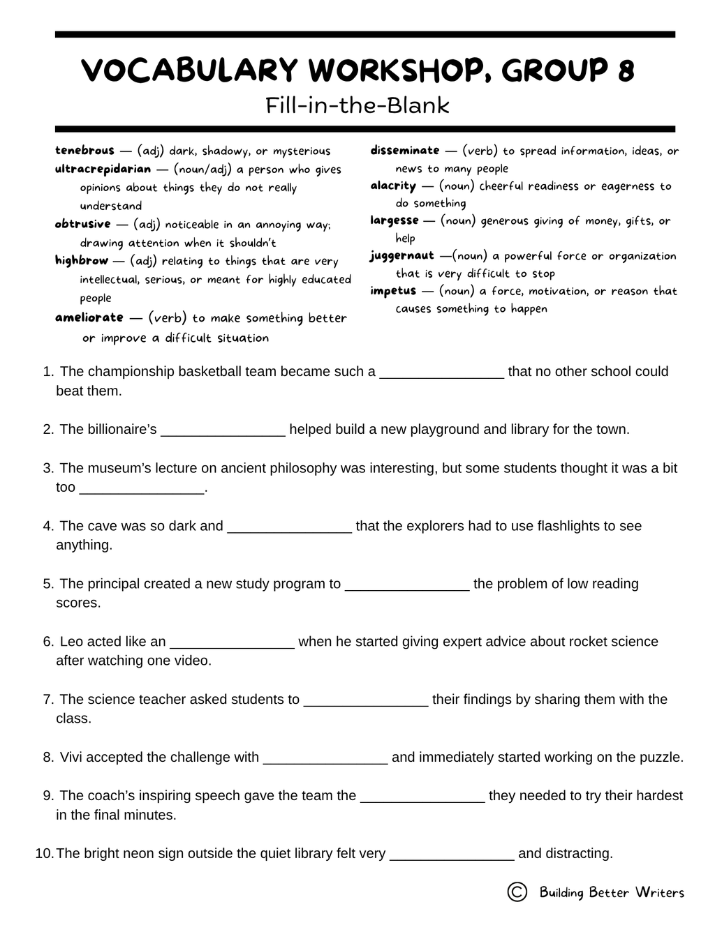 Advanced Vocabulary Unit / Upper-Level Word Study & Activities / Group 8