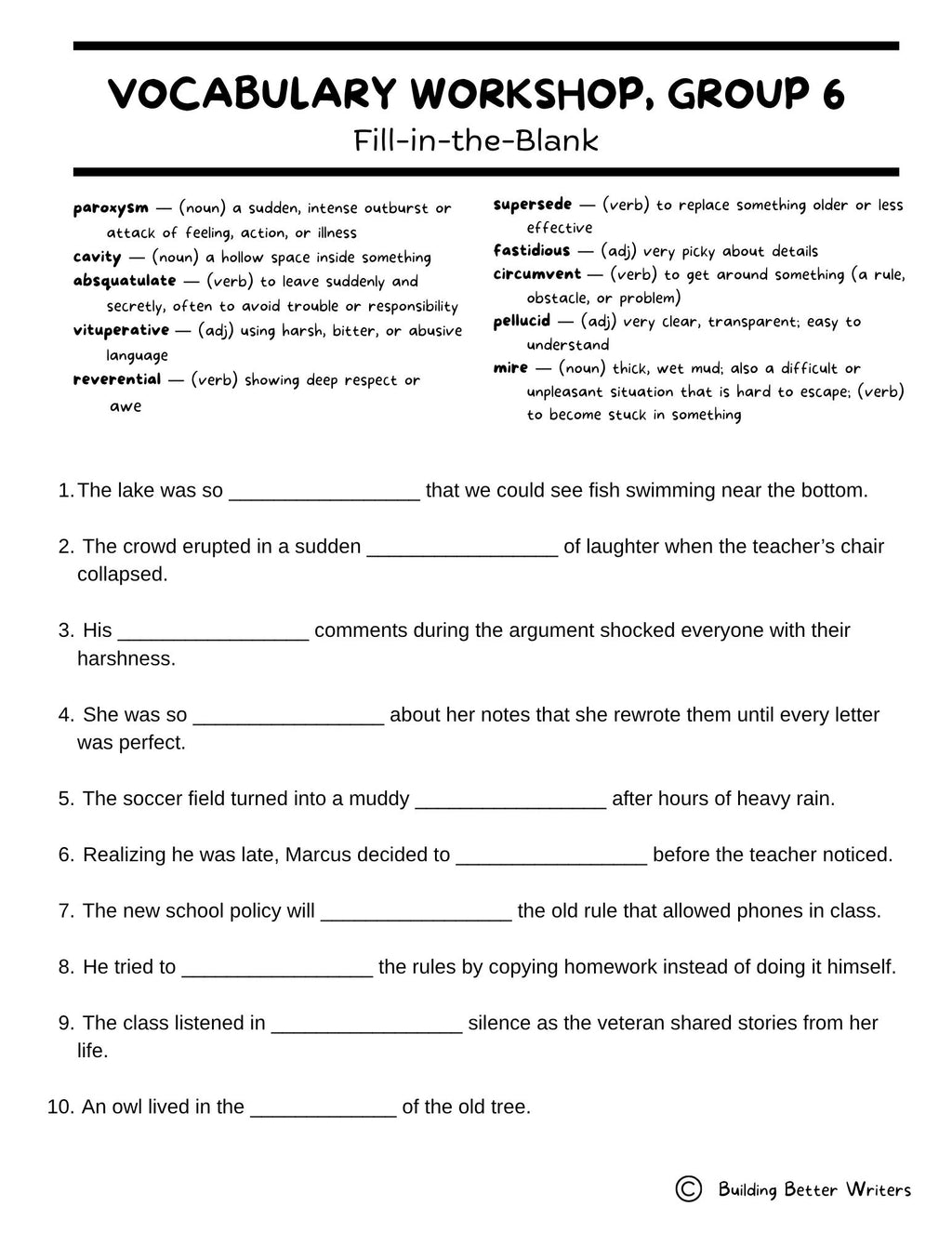 Advanced Vocabulary Unit / Upper-Level Word Study & Activities / Group 6