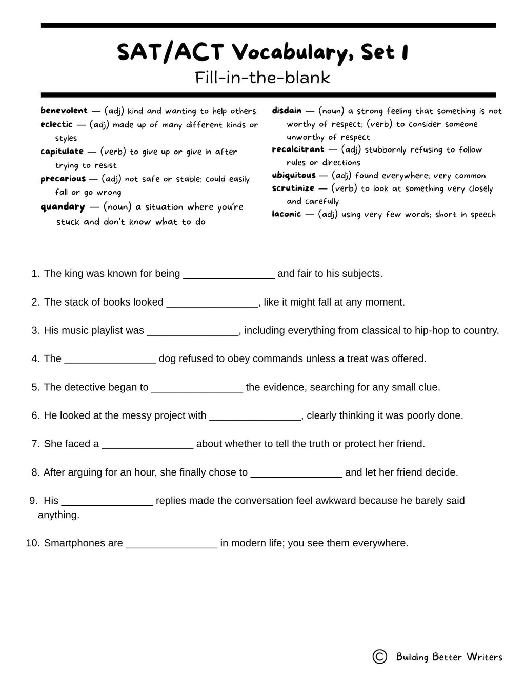 SAT/ACT/TOEFL Vocabulary Word Study & Activities / Set 1