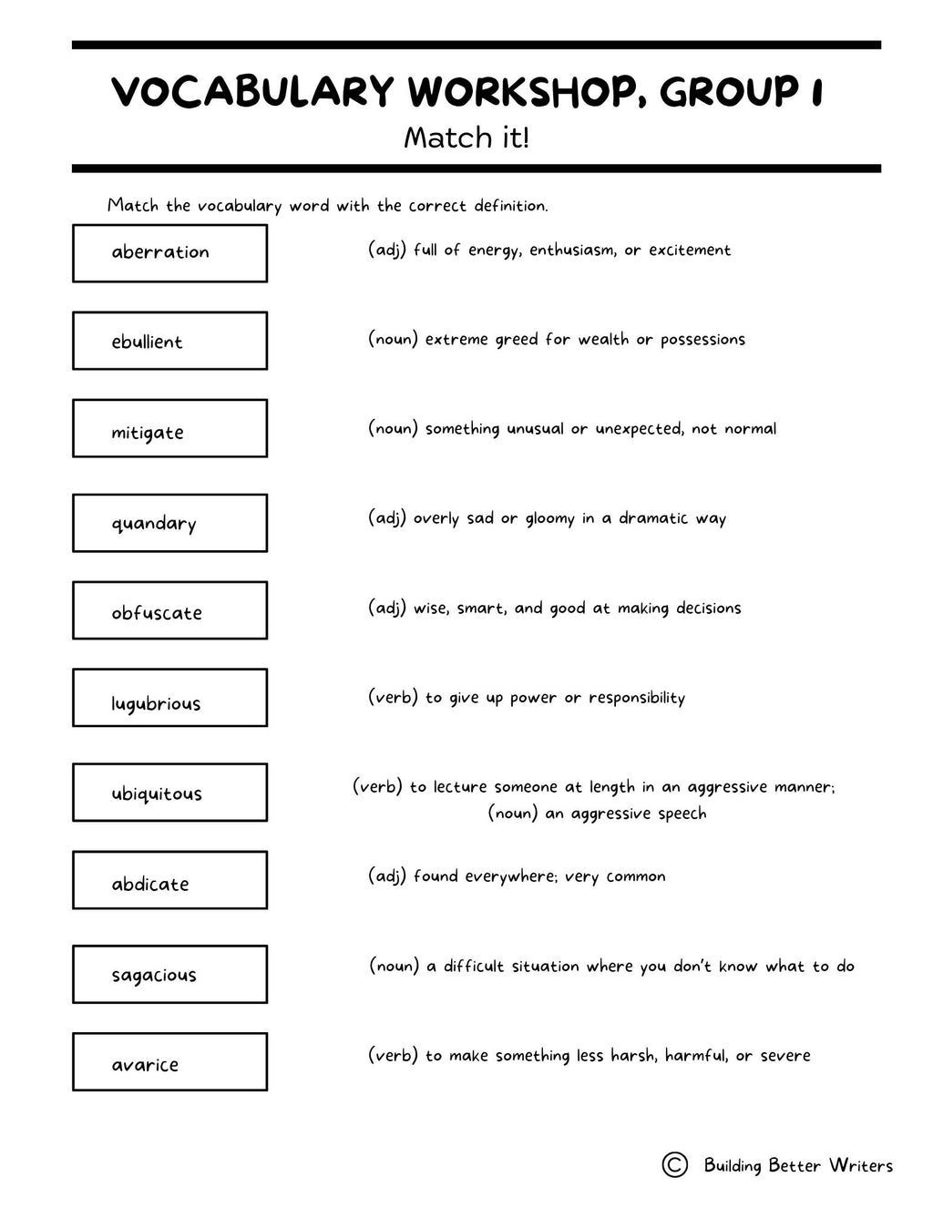 Advanced Vocabulary Unit / Upper-Level Word Study & Activities / Group 1