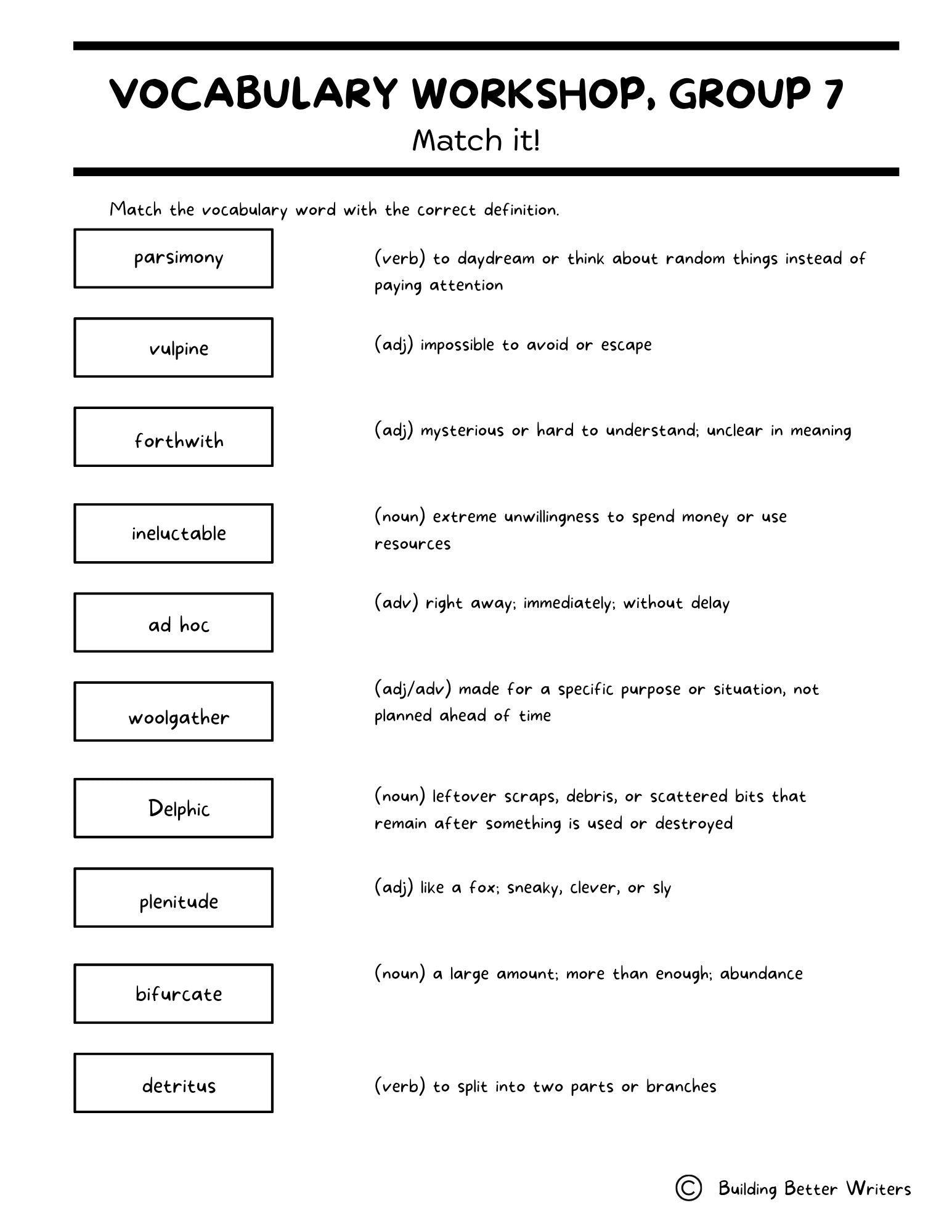 Advanced Vocabulary Unit / Upper-Level Word Study & Activities / Group 7