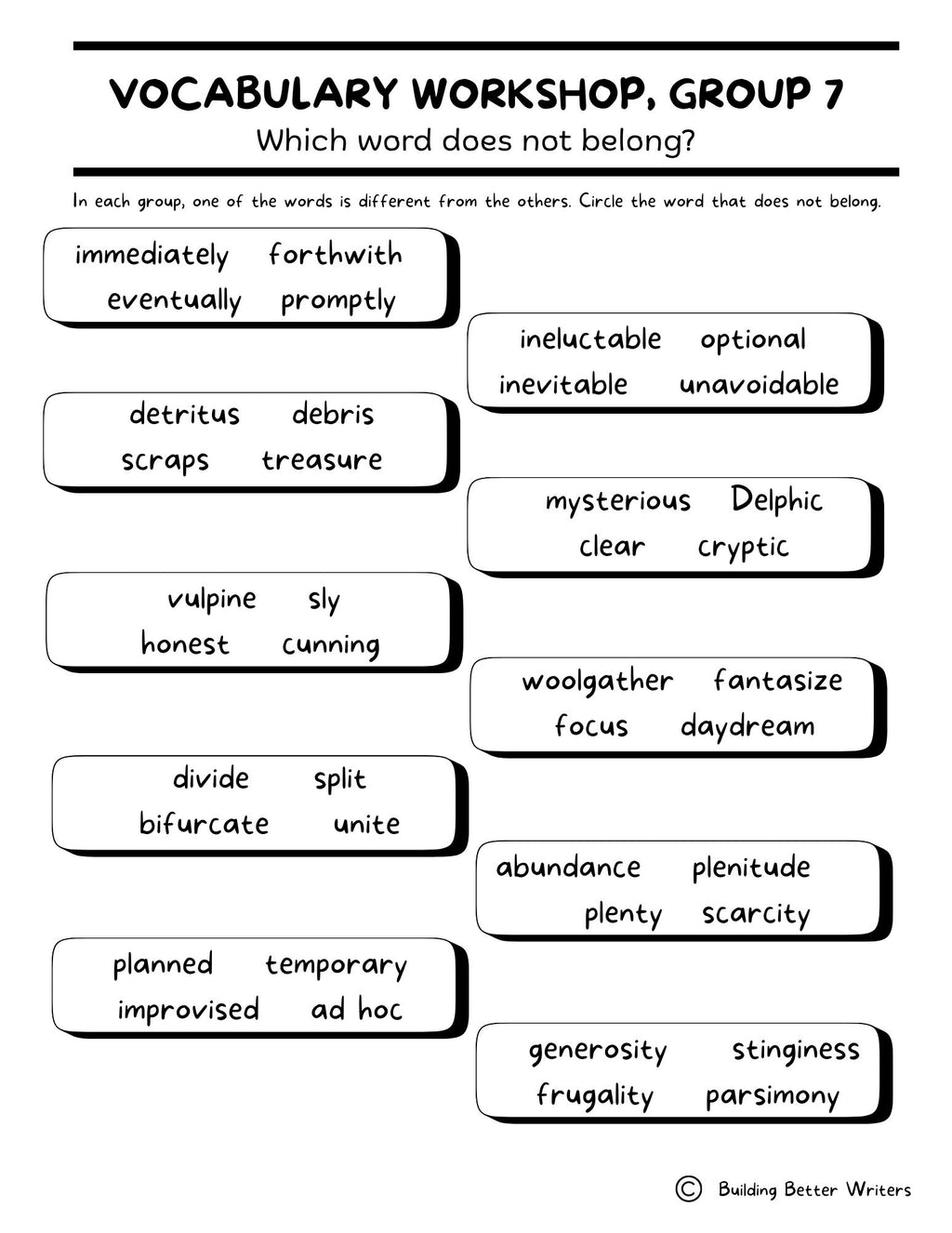 Advanced Vocabulary Unit / Upper-Level Word Study & Activities / Group 7